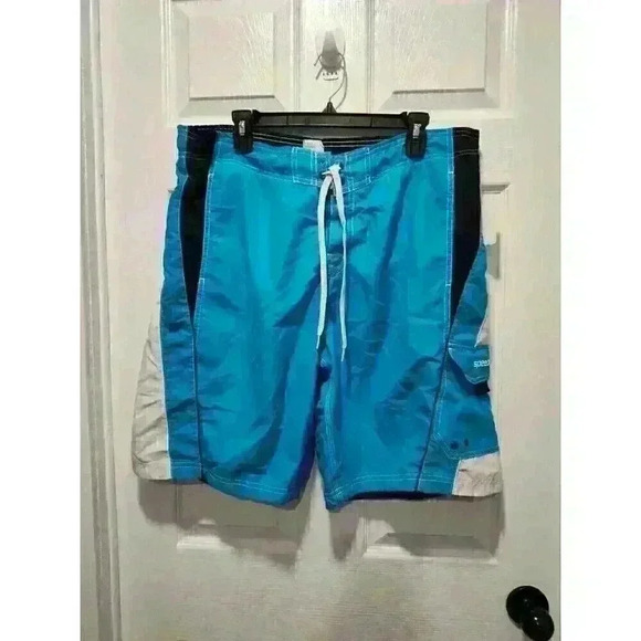 Speedo Swim Shorts Mens LARGE Blue white and black Mesh Lined Board Trunks 36x10 - Picture 1 of 8